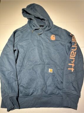Carhartt Men’s Slate Blue Hooded Sweatshirt with Peach Logo